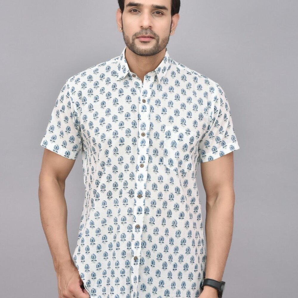 BRAND NEW Hand Block Printed Men Cotton Shirt Fall Clothing Hawaiian Shirt